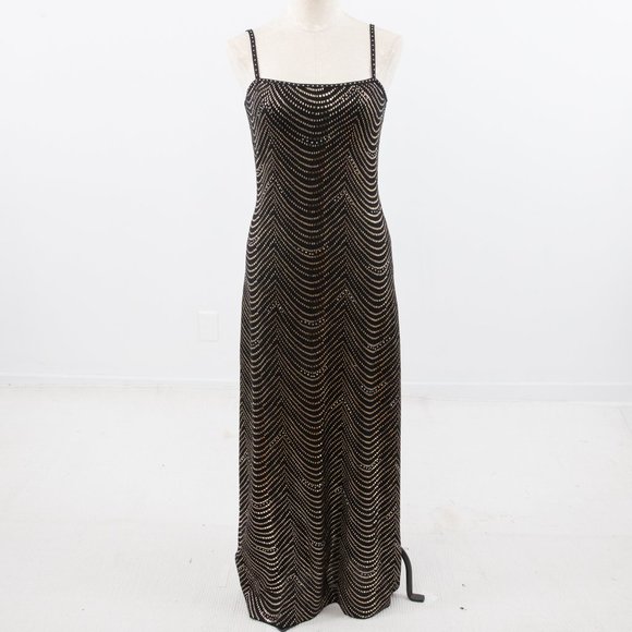 St.John M Formal Gown Santana Knit Gold Embellished Maxi Dress Black Demure - Picture 1 of 8